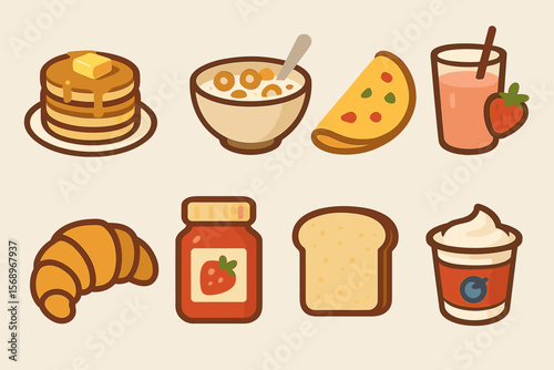 Variety of breakfast foods: pancakes, cereal, omelette, smoothie, croissant, jam, bread, yogurt