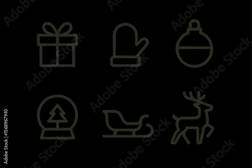 Minimalist christmas icons featuring gift mittens ornament snowglobe sleigh deers