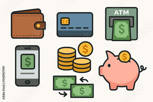 Financial icons: wallet, credit card, atm, mobile banking, coins, and piggy bank