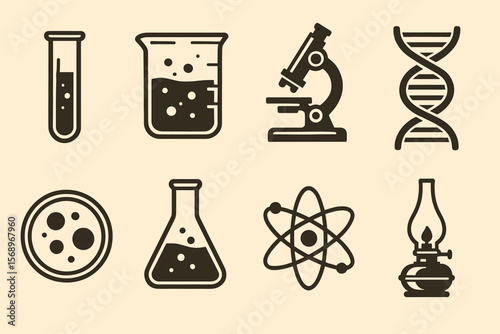 Scientific icons: test tubes, microscope, dna helix, and more on beige background