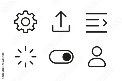 Set of minimalist user interface icons: settings, upload, menu, loading, toggle, profile