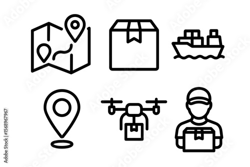 Logistics and delivery icons: map, package, ship, drone, courier