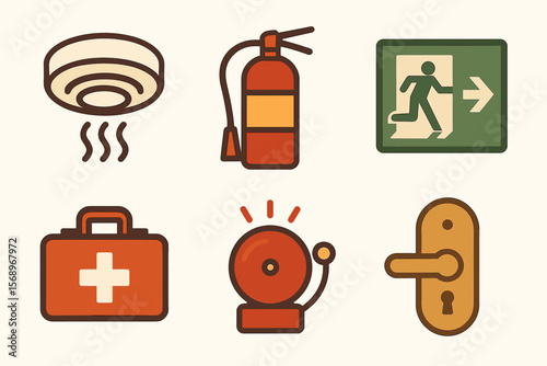 Emergency safety icons featuring fire extinguisher, first aid kit, and exit sign