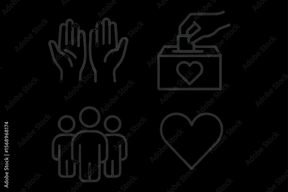 Fototapeta premium Simple icons of hands, donation, group, and heart symbols