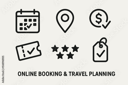 Online booking and travel planning icons for efficient trip organization