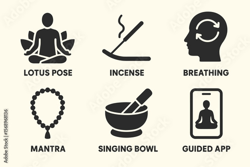 Mindfulness and meditation icons: lotus, incense, breathing, mantra, singing bowl, guided app