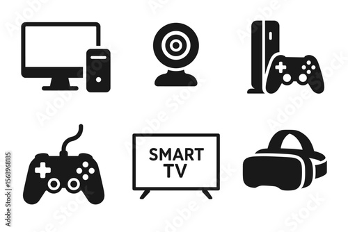Icons of gaming and multimedia: monitor, webcam, consoles, controllers, smart tv, vr headset