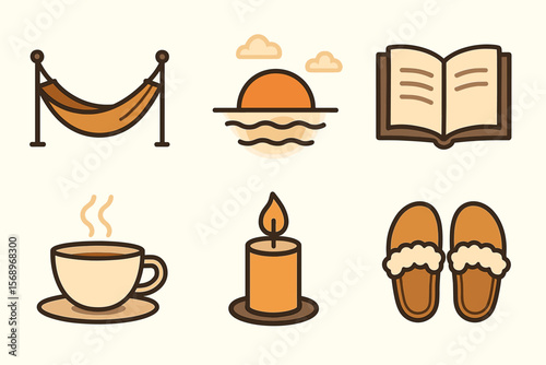 Cozy relaxation essentials: hammock, sunset, book, coffee, candle, slippers icons