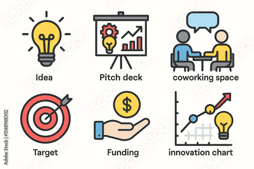 Business strategy icons featuring ideas, pitch deck, coworking, target, funding, innovation