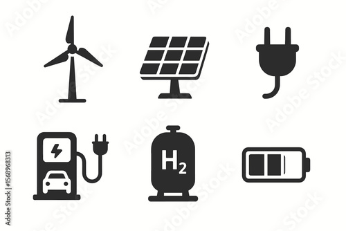 Renewable energy icons: wind turbine, solar panel, electric plug, charging station, hydrogen tank, battery