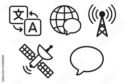 Communication icons: translation, internet, broadcast, satellite, speech bubble