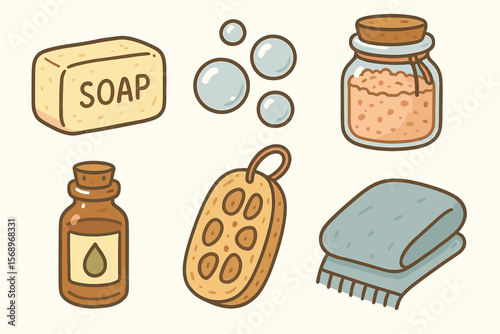 Spa essentials: soap, bubbles, bath salts, oil bottle, loofah, towel