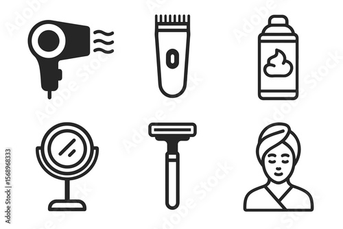 Haircare and grooming icons: hairdryer, clippers, shaving cream, mirror, razor, towel-wrapped person