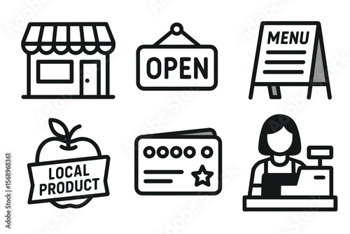 Icons representing local shop with open sign, menu board, and cashier