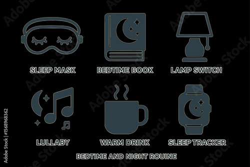Bedtime routine icons: sleep mask, bedtime book, lamp switch, lullaby, warm drink, sleep tracker