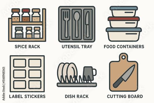 Kitchen organization items: spice rack, utensil tray, food containers, cutting board