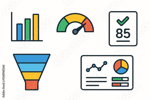 Colorful business data visualizations with graphs and charts