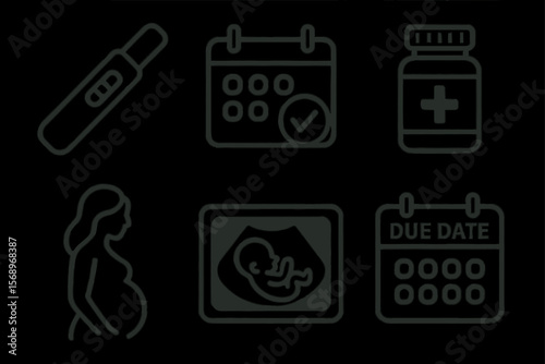 Pregnancy timeline icons: test, calendar, vitamins, pregnant woman, ultrasound, due date
