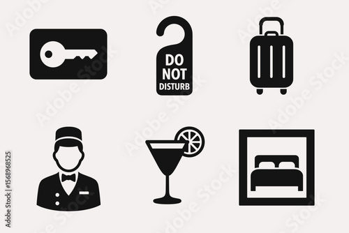 Hotel icons set: key card, do not disturb, luggage, bellhop, cocktail, bed