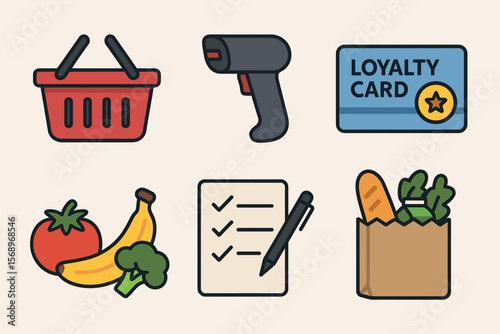 Shopping icons: basket, barcode scanner, loyalty card, grocery list, fruits, vegetables