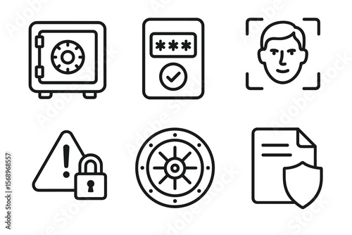 Security icons featuring safe, keypad, face recognition, padlock, and shield