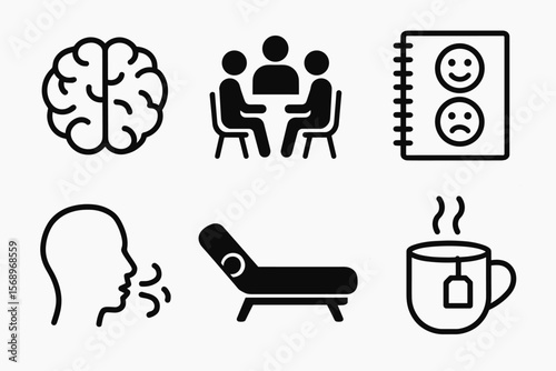 Mental health symbols: therapy, emotions, cognitive process, relaxation, communication, tea