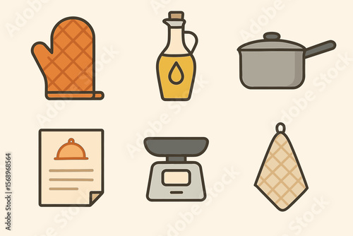 Collection of kitchen utensils icons: mitt, oil, pot, recipe, scale, towel
