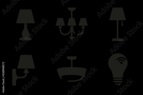 Variety of black silhouette lighting fixtures on dark background