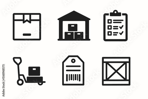 Warehouse icons: box package, storage, checklist, trolley, tag, crate symbols