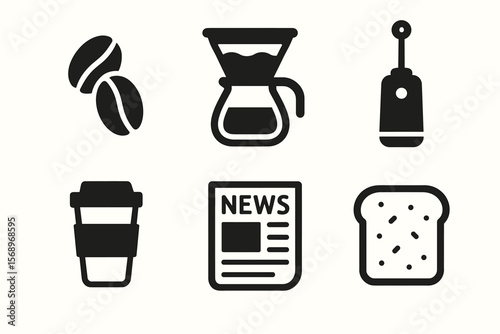 Coffee beans, brewing tools, newspaper, and toast icon set on white background