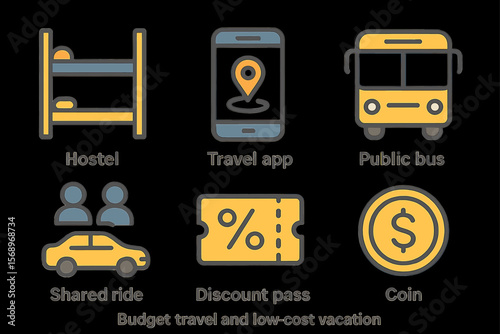 Budget travel icons: hostel, travel app, public bus, shared ride, discount pass, coin