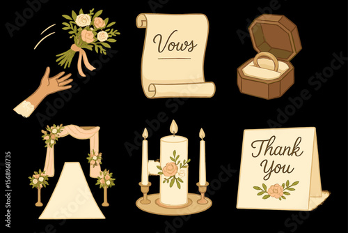 Elegant wedding elements: bouquet, vows, ring, arch, candles, thank you card