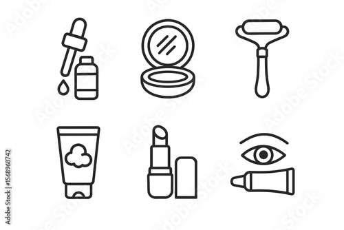 Skincare and makeup icons: serum, compact, roller, cream, lipstick, eye cream