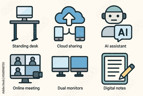 Modern workspace icons: standing desk, cloud sharing, ai assistant, online meeting, dual monitors, digital notes