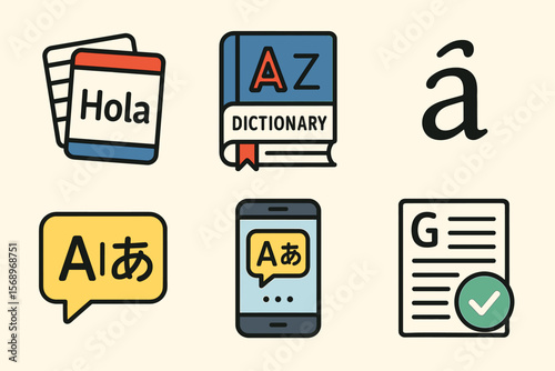 Language and translation icons featuring dictionary, accent marks, and speech bubbles
