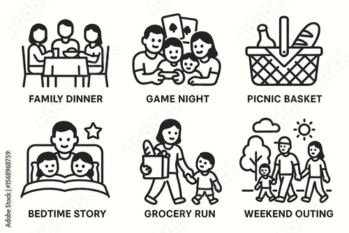 Family activities: dinner, game night, picnic, bedtime, shopping, outing