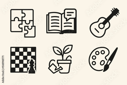Icons representing puzzle, book, guitar, chess, plant, and paint palette