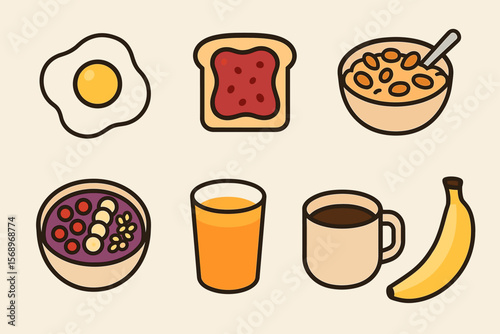 Illustrated breakfast foods: eggs, toast, cereal, smoothie bowl, juice, coffee, banana