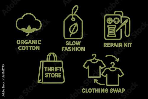 Sustainable fashion elements: organic cotton, slow fashion, repair kit, thrift store, clothing swap