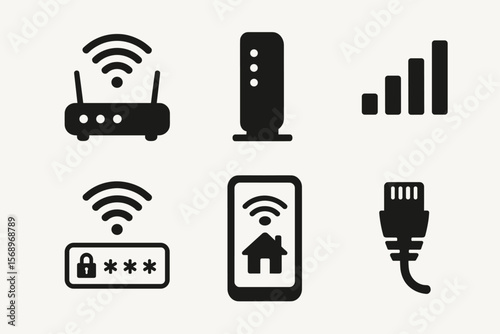 Internet connectivity icons: router, modem, signal, password, smart home, ethernet