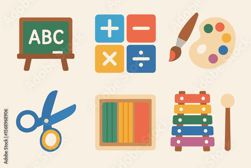 Colorful educational icons featuring art and classroom supplies