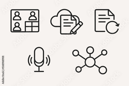 Business icons: video call, cloud editing, document synchronization, microphone, network