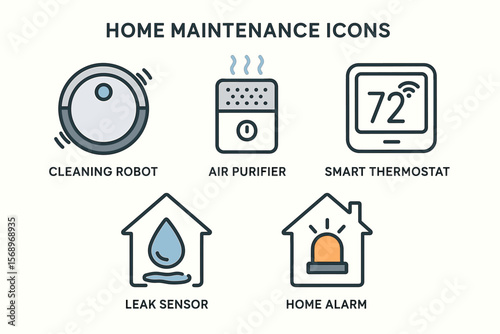 Home maintenance icons: cleaning robot, air purifier, smart thermostat, leak sensor, home alarm