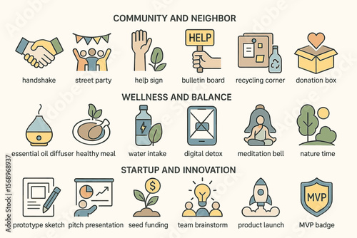 Community spirit and innovation icons for health, neighborhood, and startup concepts