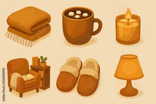 Cozy home essentials - blanket, hot chocolate, candle, armchair, books, slippers, lamp