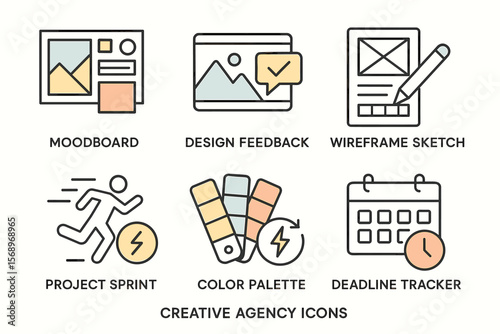 Creative agency icons: moodboard, design, wireframe, project sprint, color, deadline