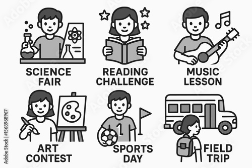 Educational activities icons: science, reading, music, art, sports, field trip