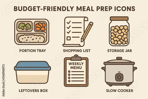 Budget-friendly meal prep icons for efficient kitchen organization