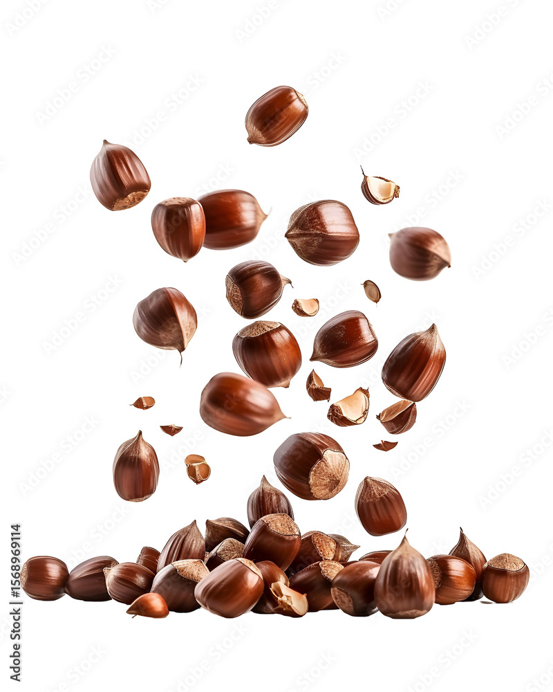 Obraz premium Hazelnuts falling and on black background