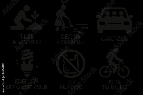 Eco-friendly actions: tree planting, beach cleanup, carpooling, energy efficiency, no plastic, biking